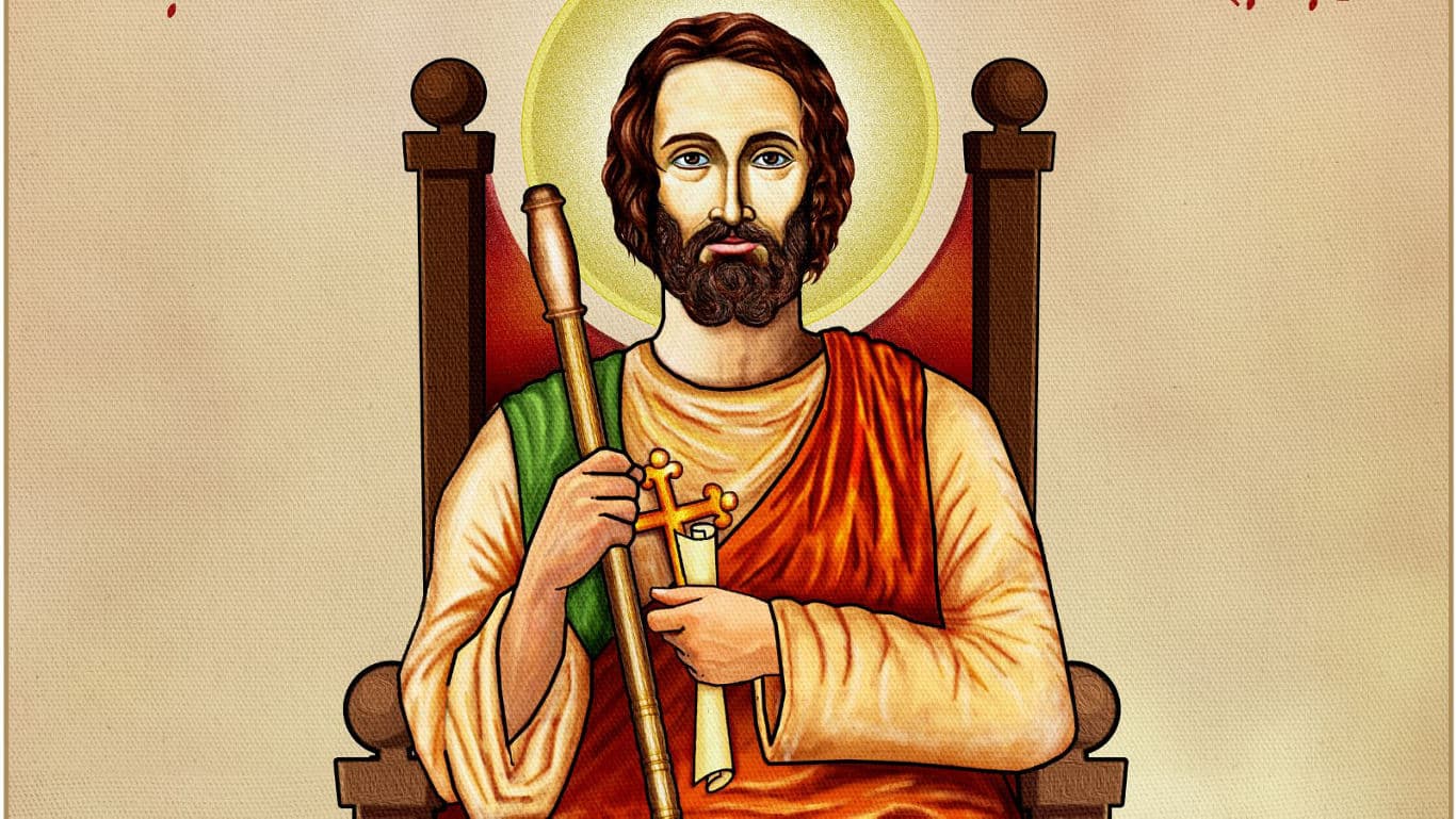 Saint depiction with halo and staff