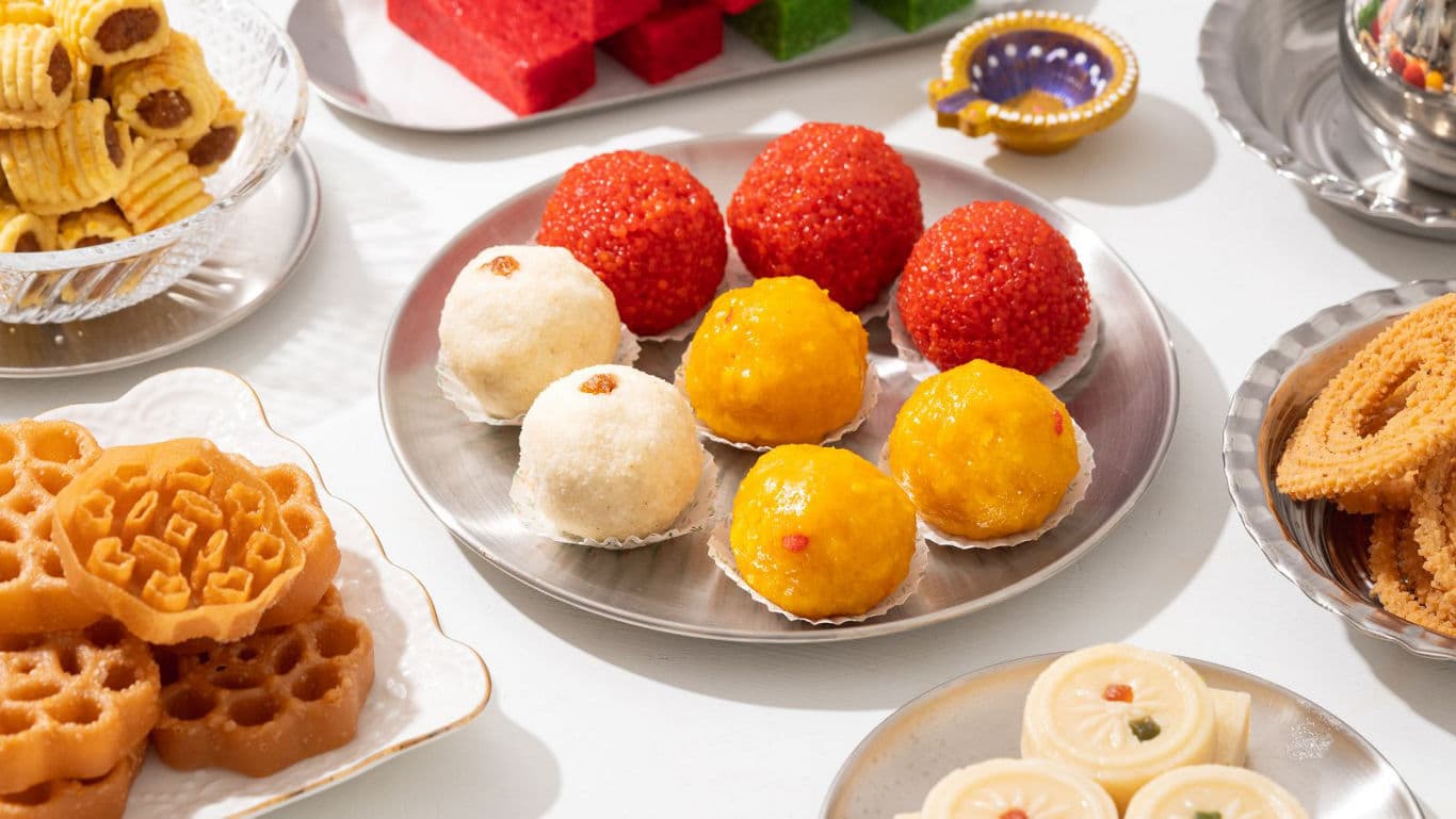 Assorted Indian sweets on festive table