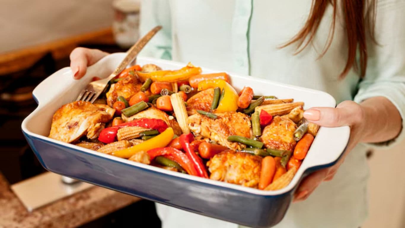 Colorful roasted vegetables and chicken dish