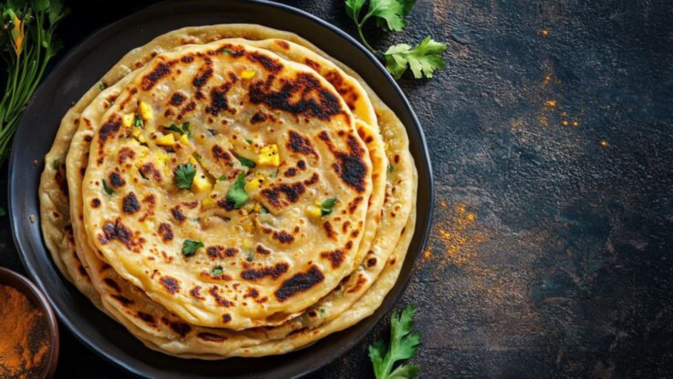 Stack of stuffed flatbreads on dark surface