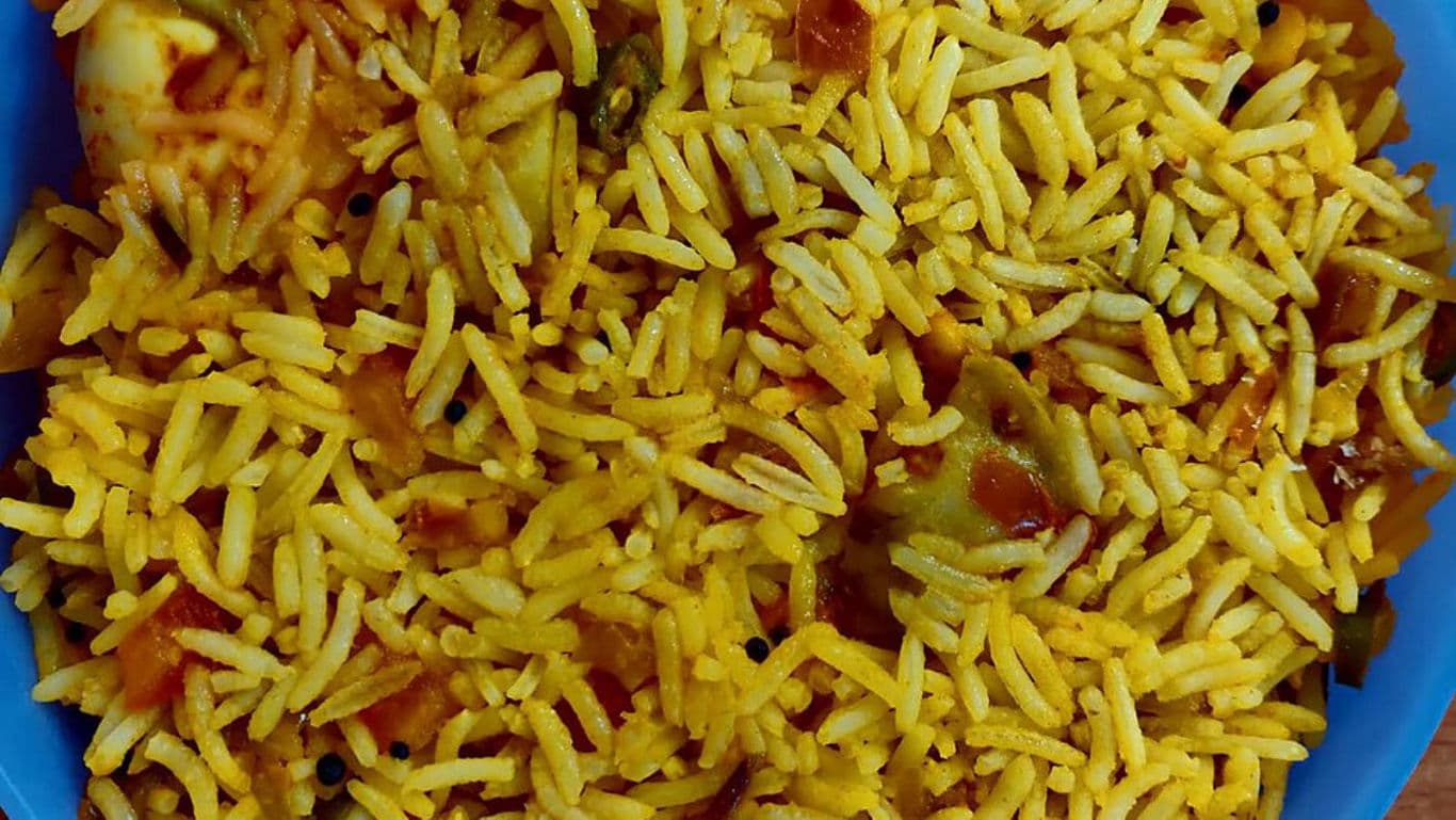 Close-up of spicy yellow rice dish