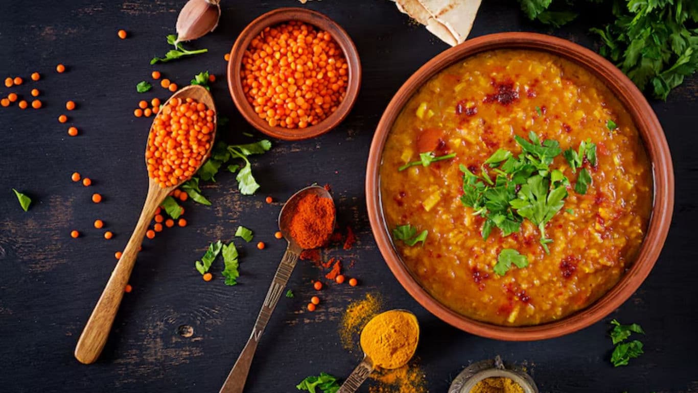 Rustic lentil soup with fresh herbs