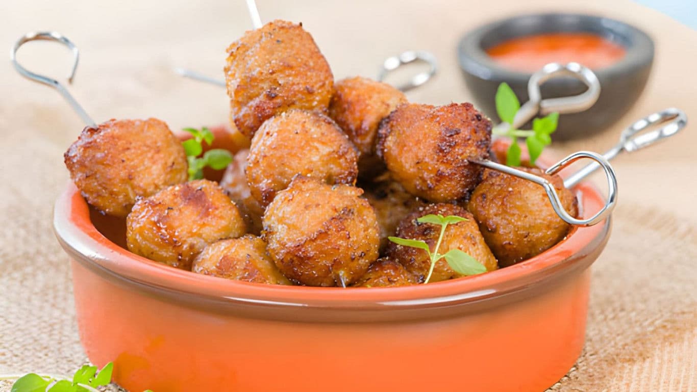 Skewered Meatballs in Orange Bowl with Dip