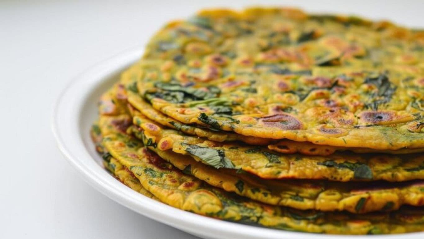 Stack of spinach flatbreads on white plate