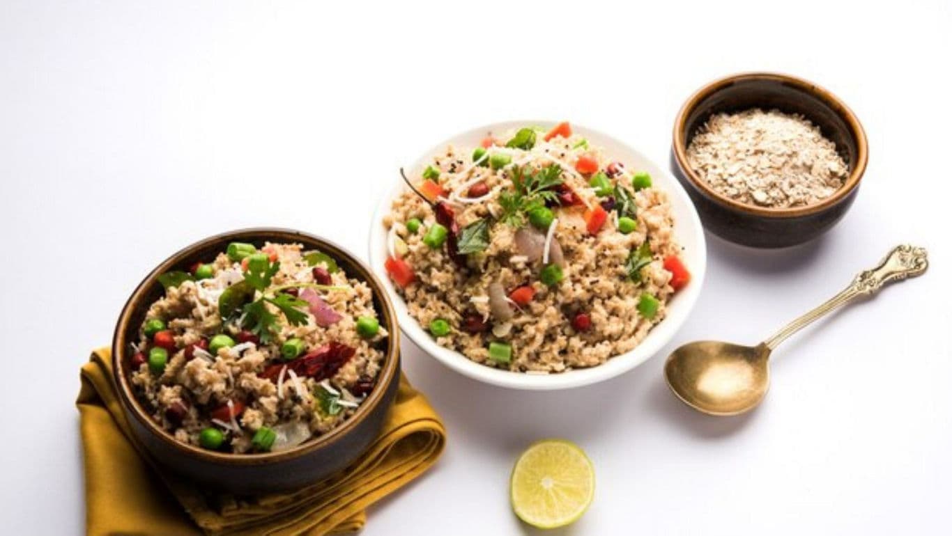 Healthy oatmeal dish with fresh vegetables
