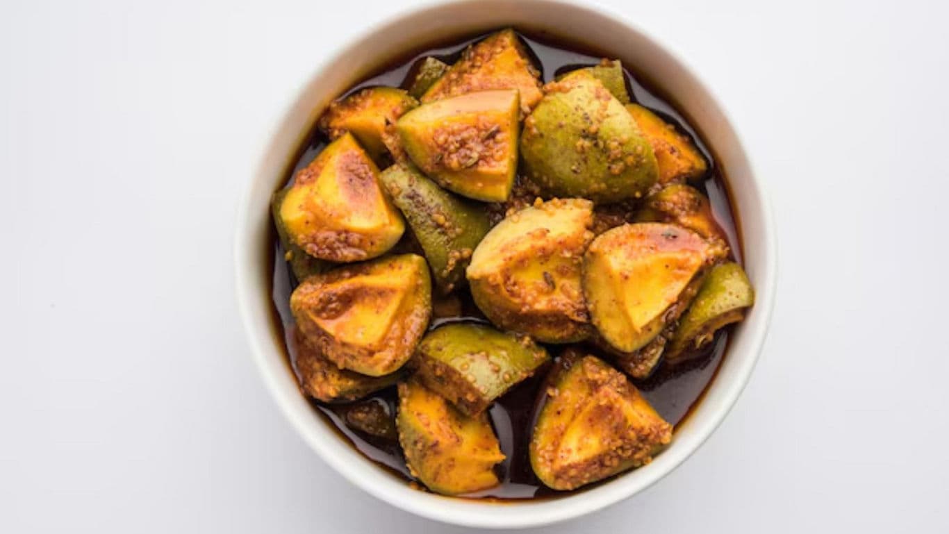 Spicy Indian Mango Pickle in White Bowl