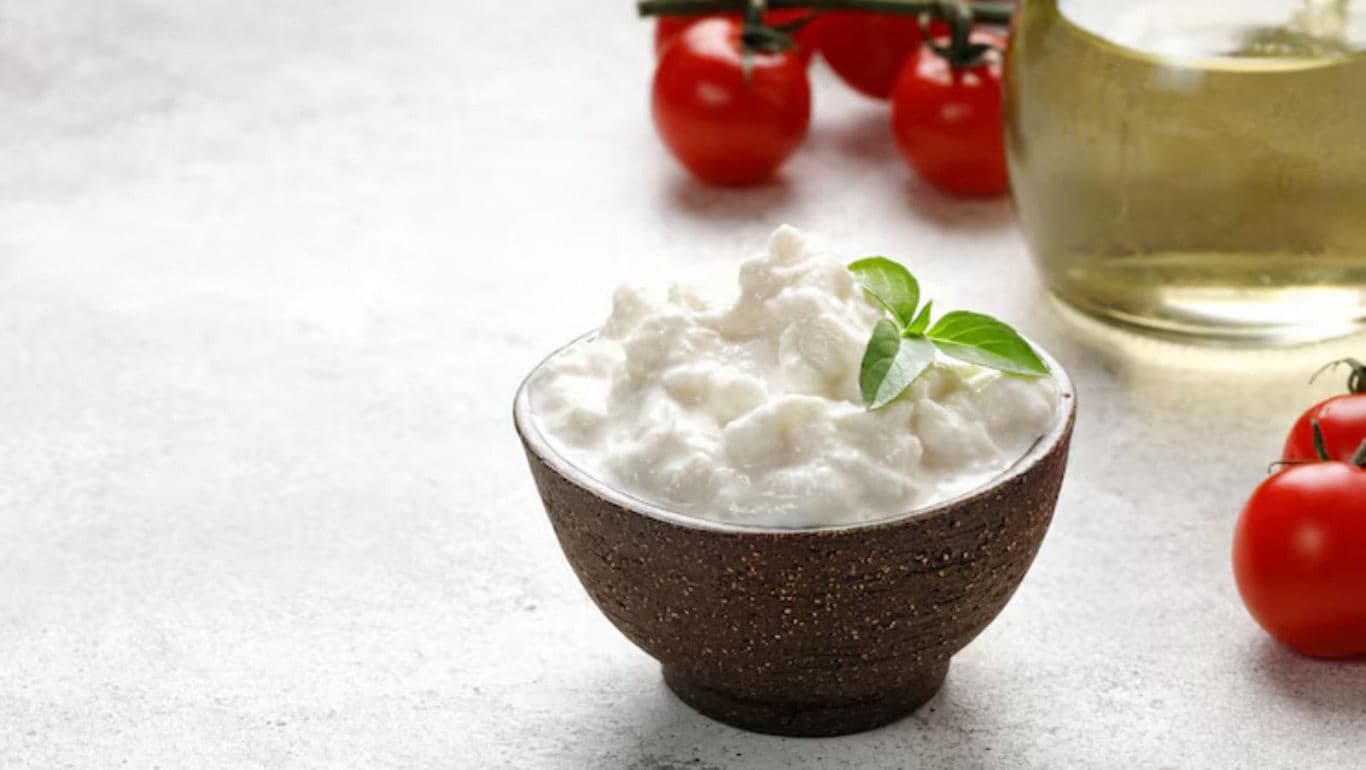 Bowl of cottage cheese with fresh basil garnish