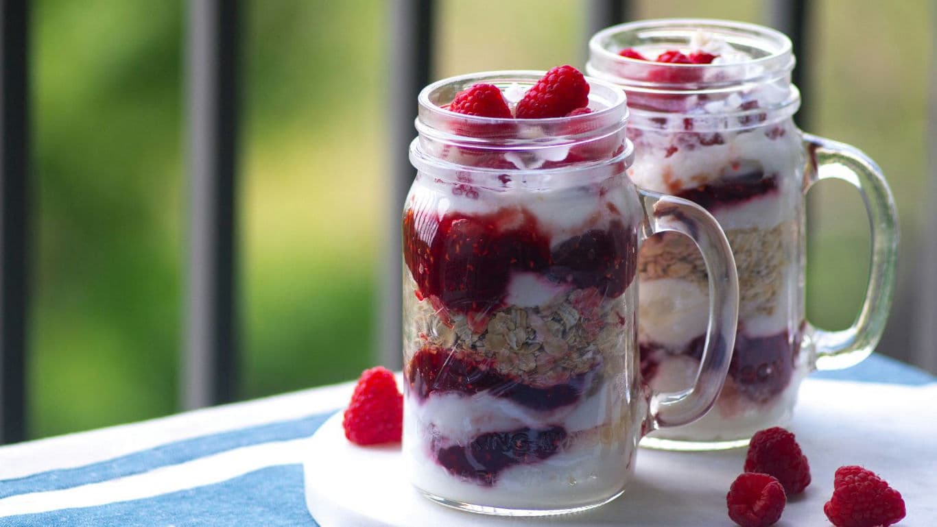 Layered Raspberry Yogurt Parfaits in Mason Jars