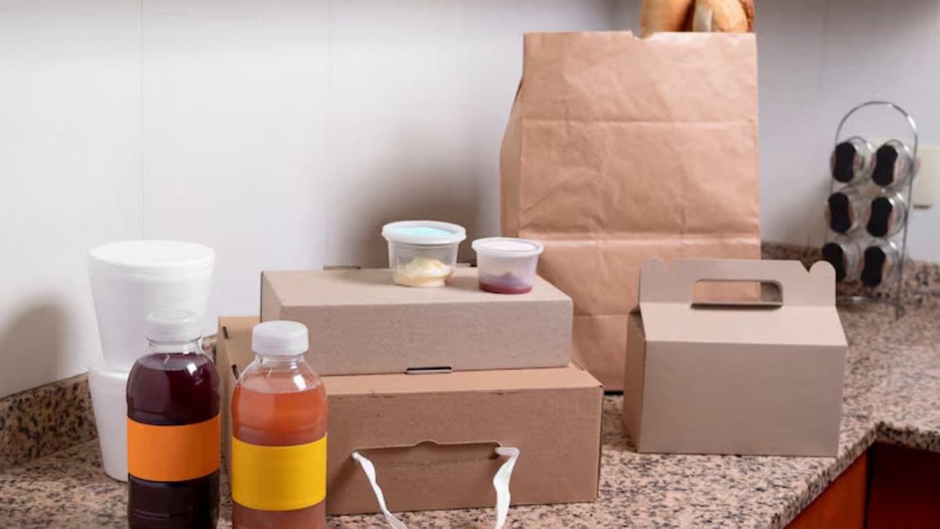 Assorted food packaging on kitchen counter