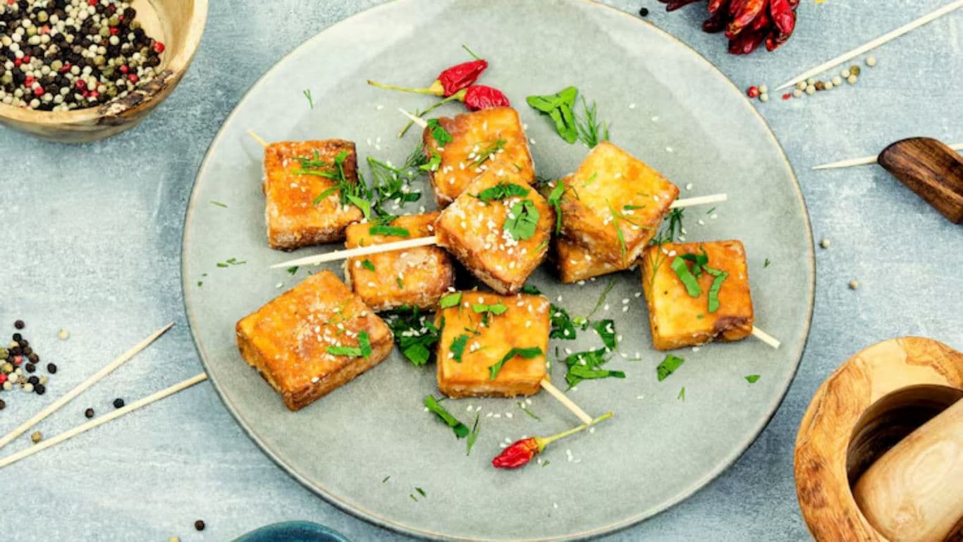 Grilled tofu skewers with herbs and spices