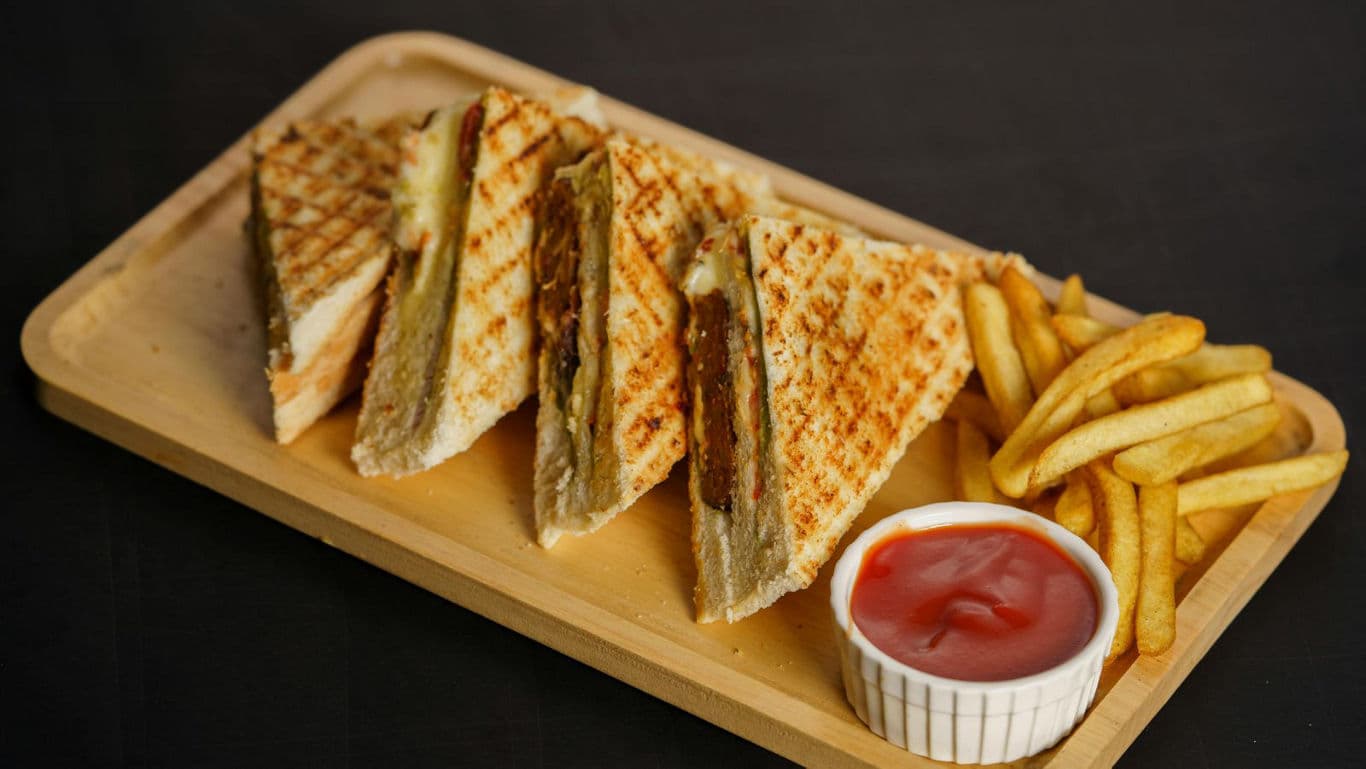 Grilled sandwiches with fries and ketchup
