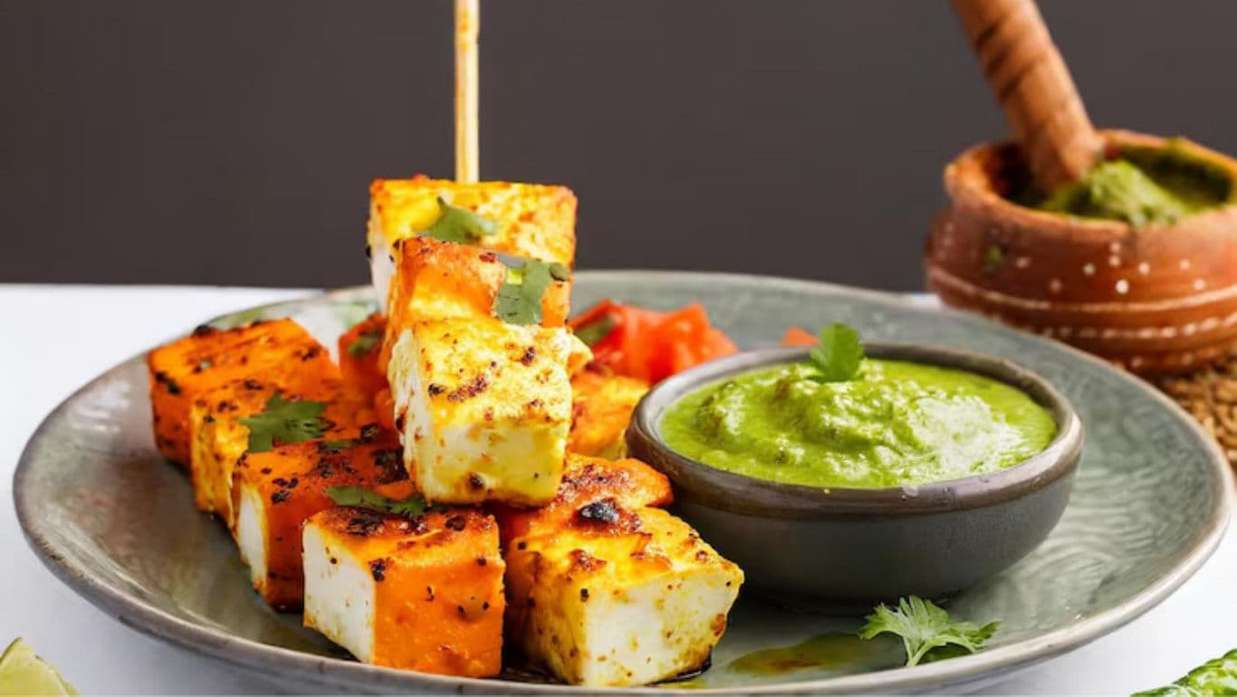 Grilled Paneer Skewers with Green Chutney