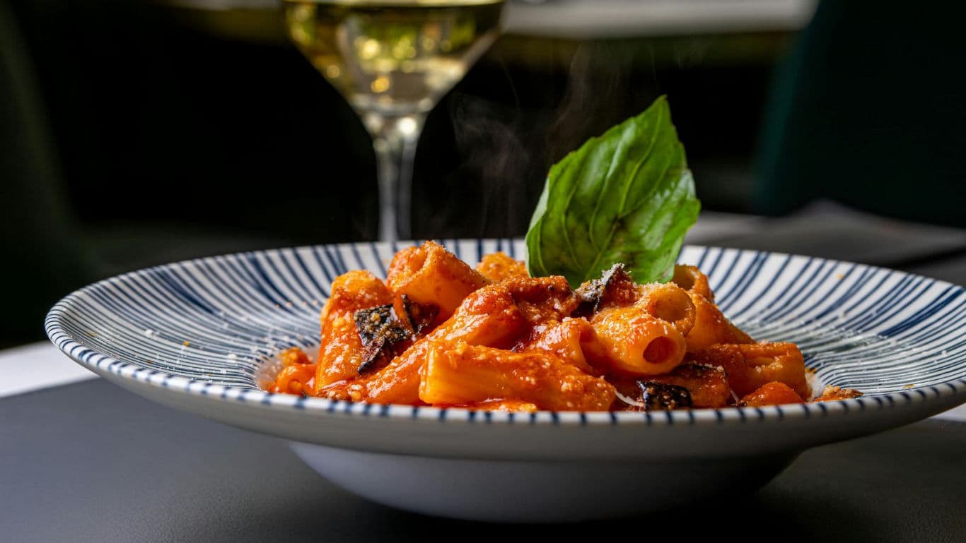 Steaming rigatoni pasta with tomato sauce and basil