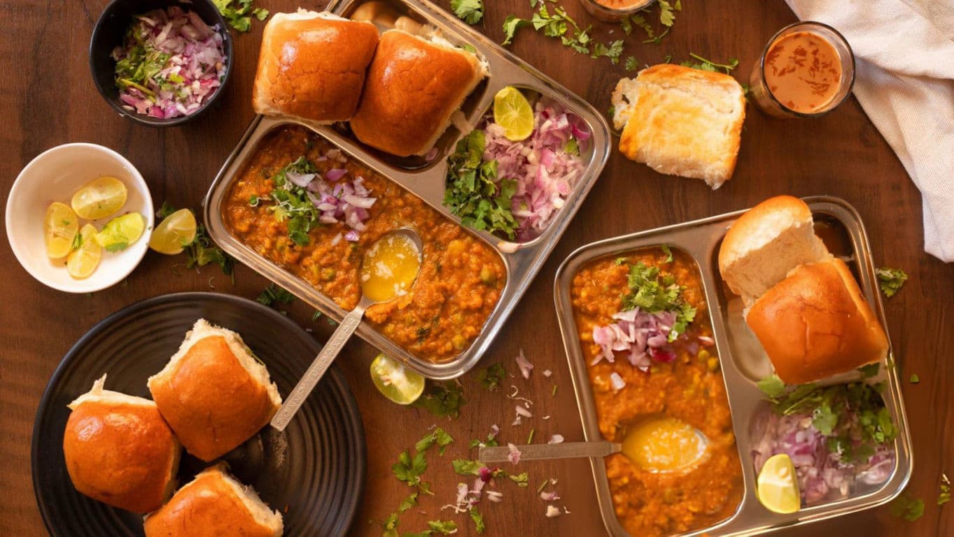 Traditional Indian pav bhaji meal setup