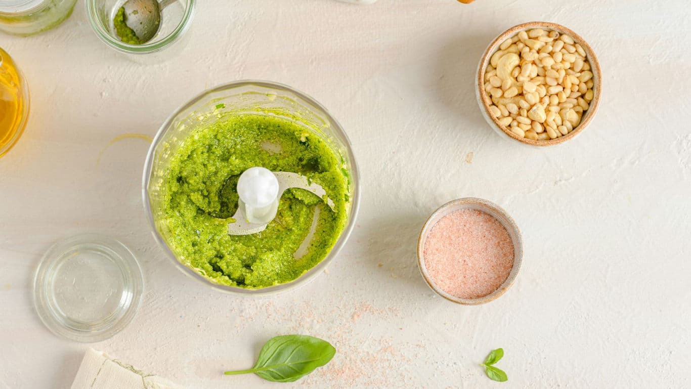 Fresh Pesto in Food Processor with Ingredients