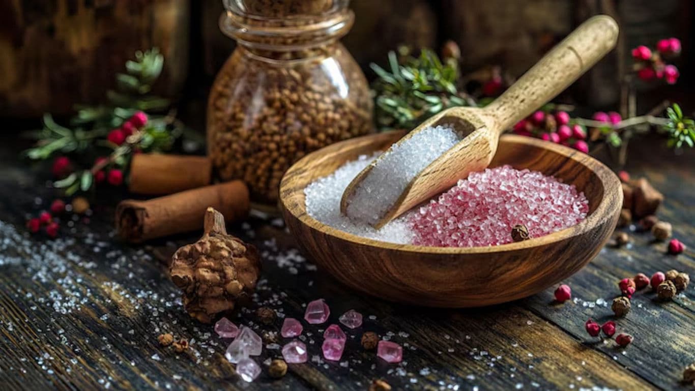 Wooden Bowl with Pink and White Crystals