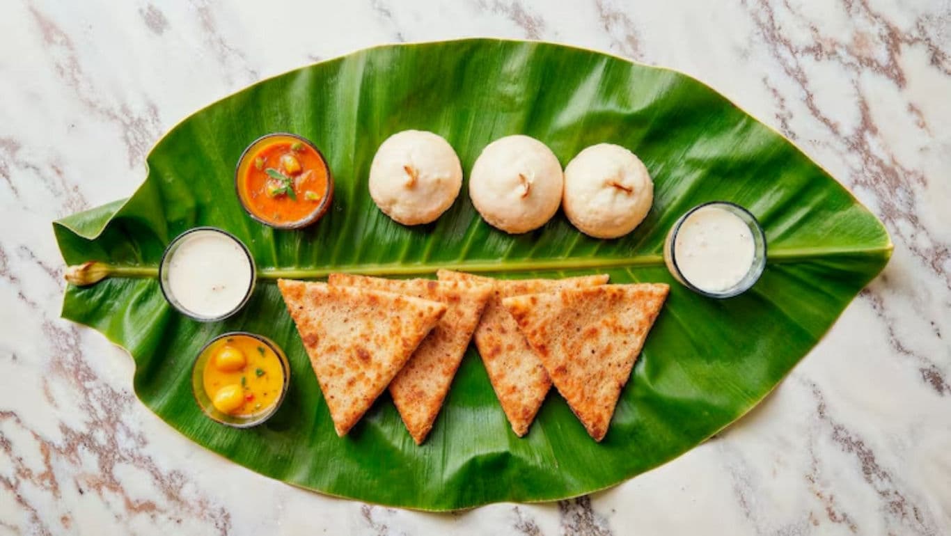 South Indian breakfast served on banana leaf