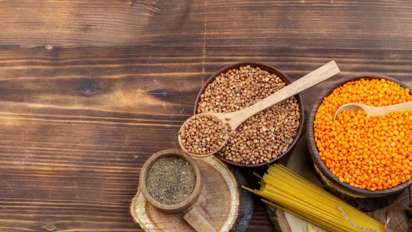 Rustic display of grains and pasta