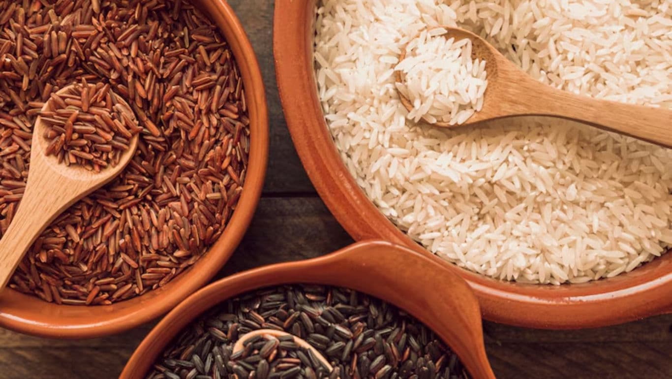 Variety of rice in ceramic bowls