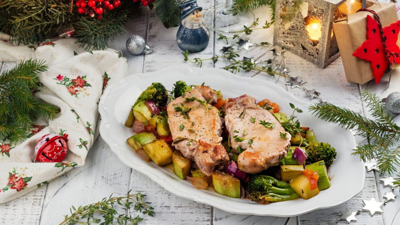 Festive roasted pork with vegetables