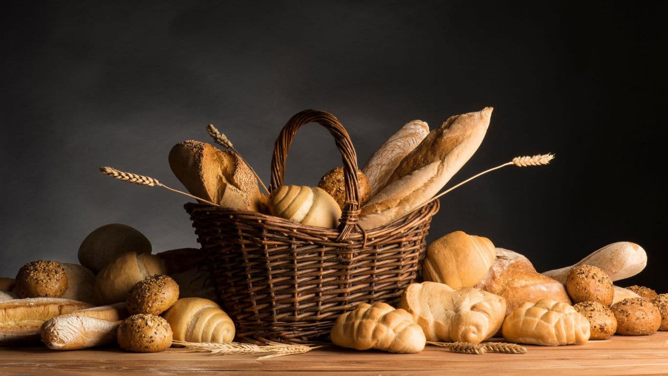 Assorted bread in wicker basket display