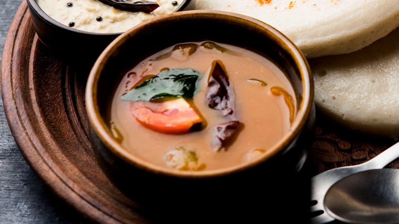 South Indian idli with sambar and coconut chutney