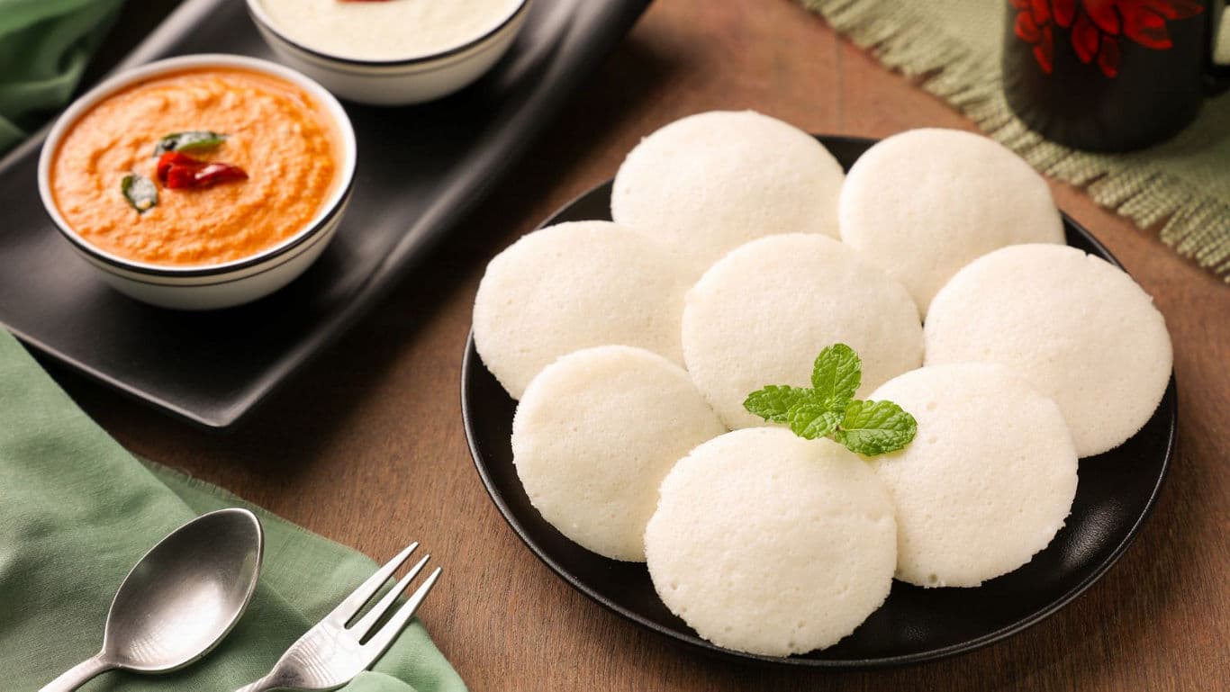 Plate of Idlis with Chutneys and Mint