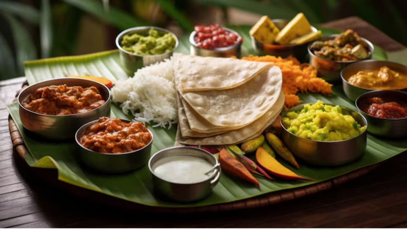 Traditional South Indian Vegetarian Meal on Banana Leaf
