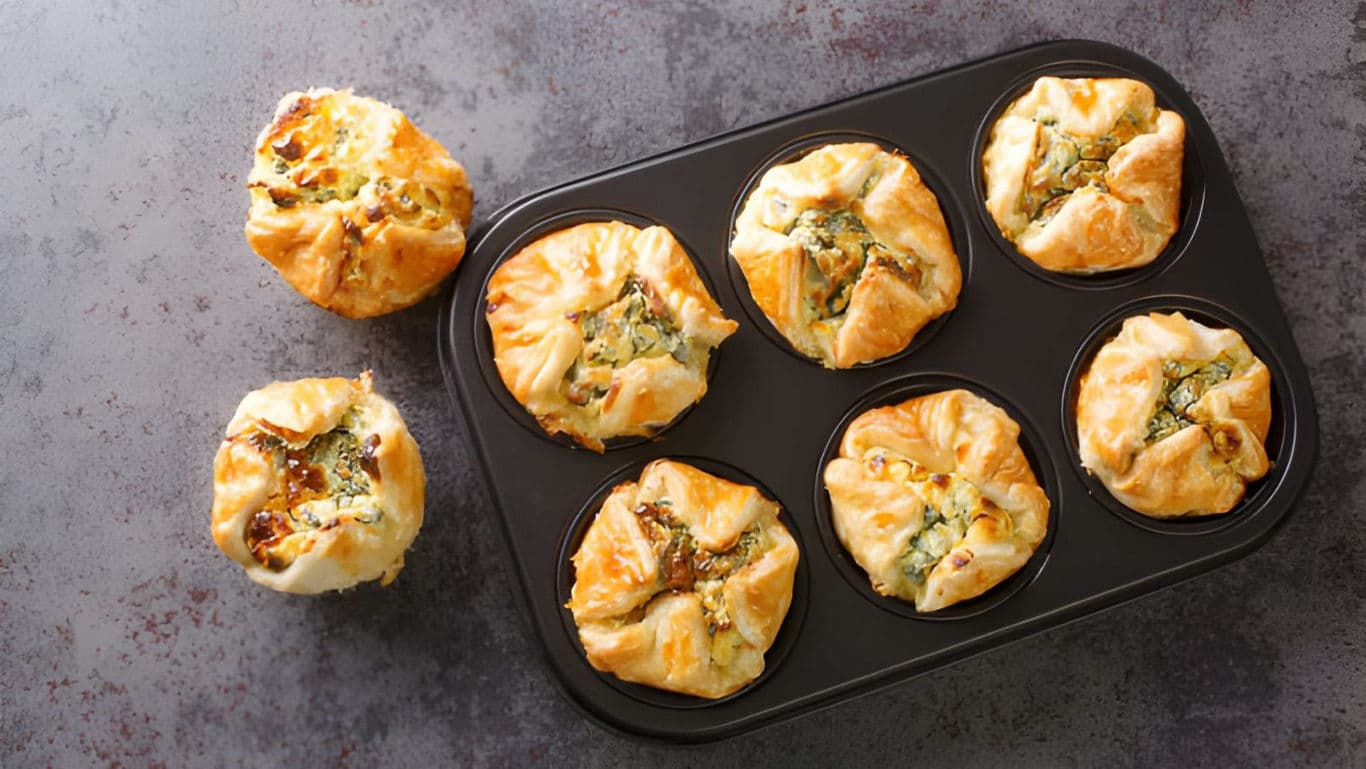 Golden savory pastries in muffin tin on gray surface