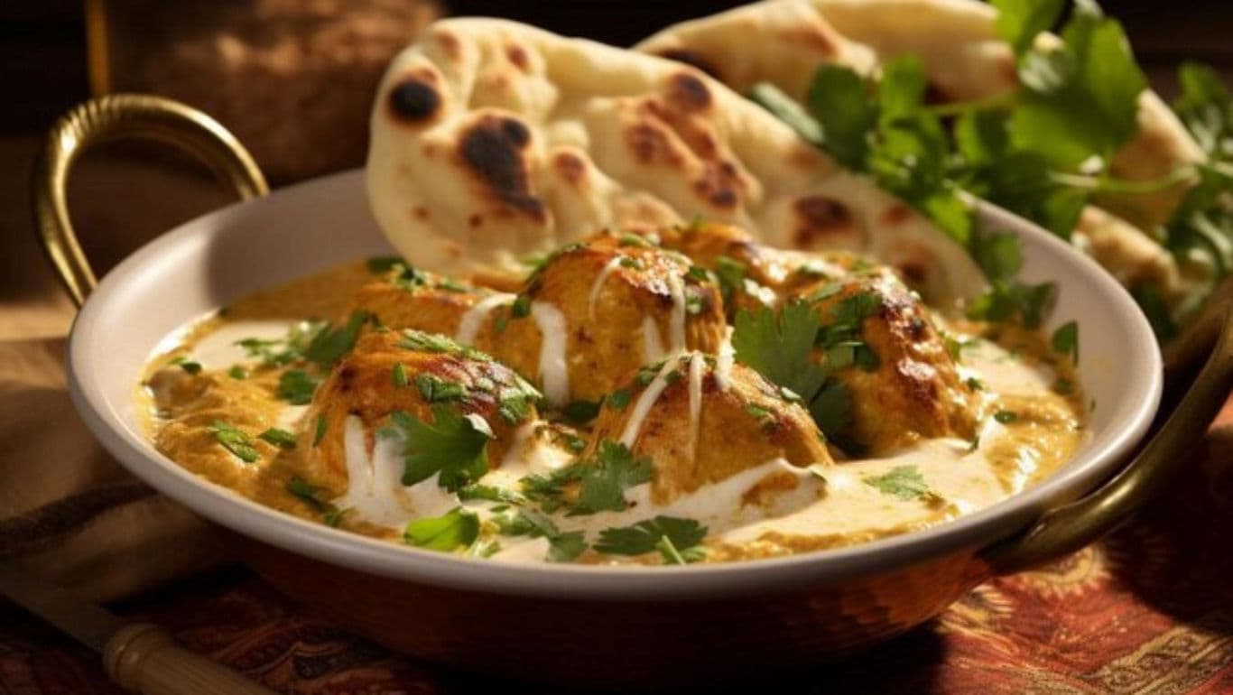 Creamy curry with naan bread garnish