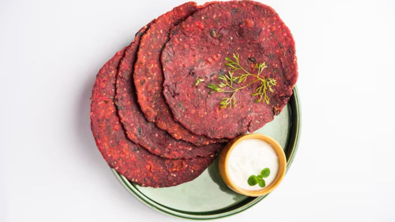 Beetroot flatbreads served with creamy yogurt dip