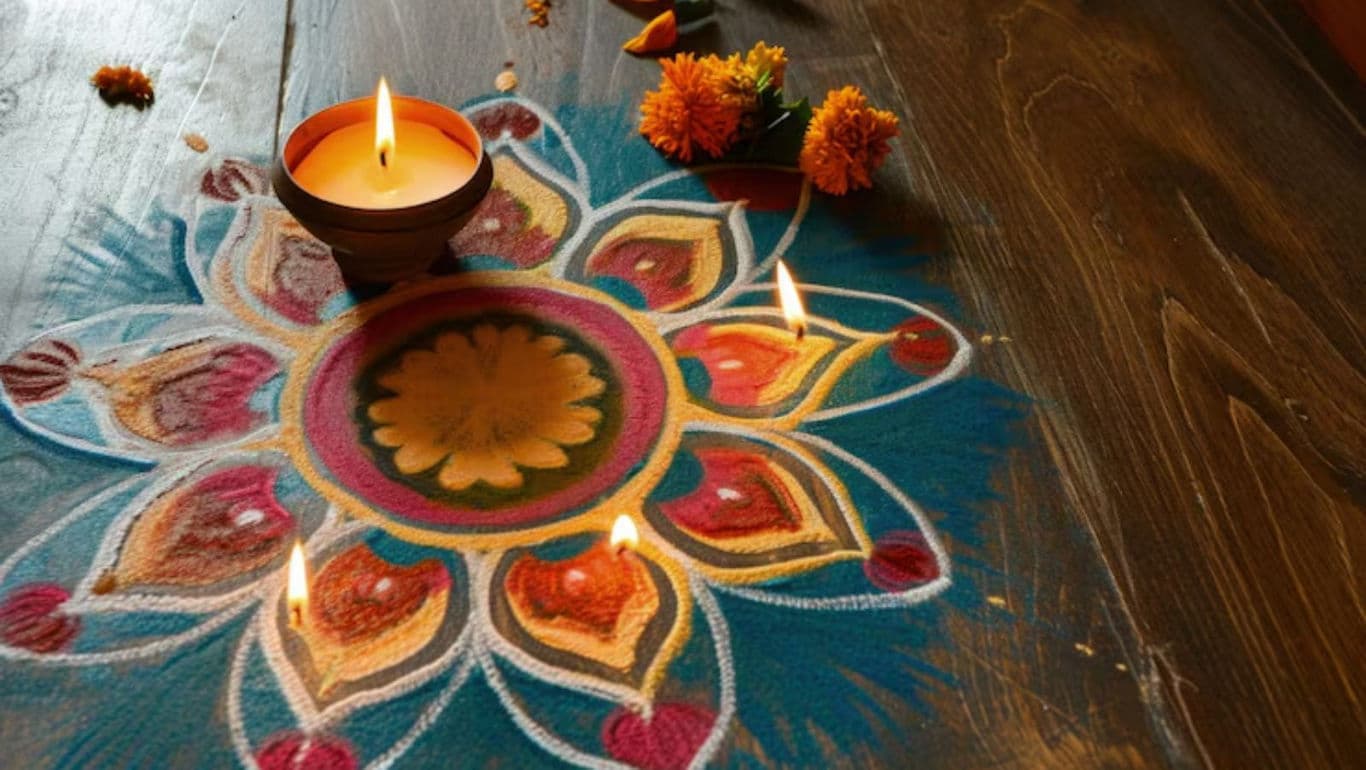 Colorful rangoli with lit clay lamp