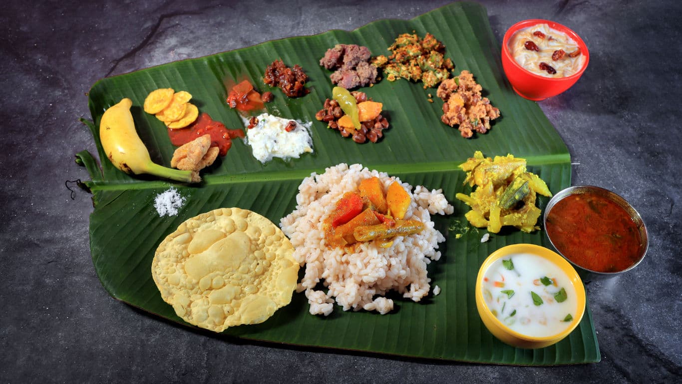 Onam sadya feast on a banana leaf