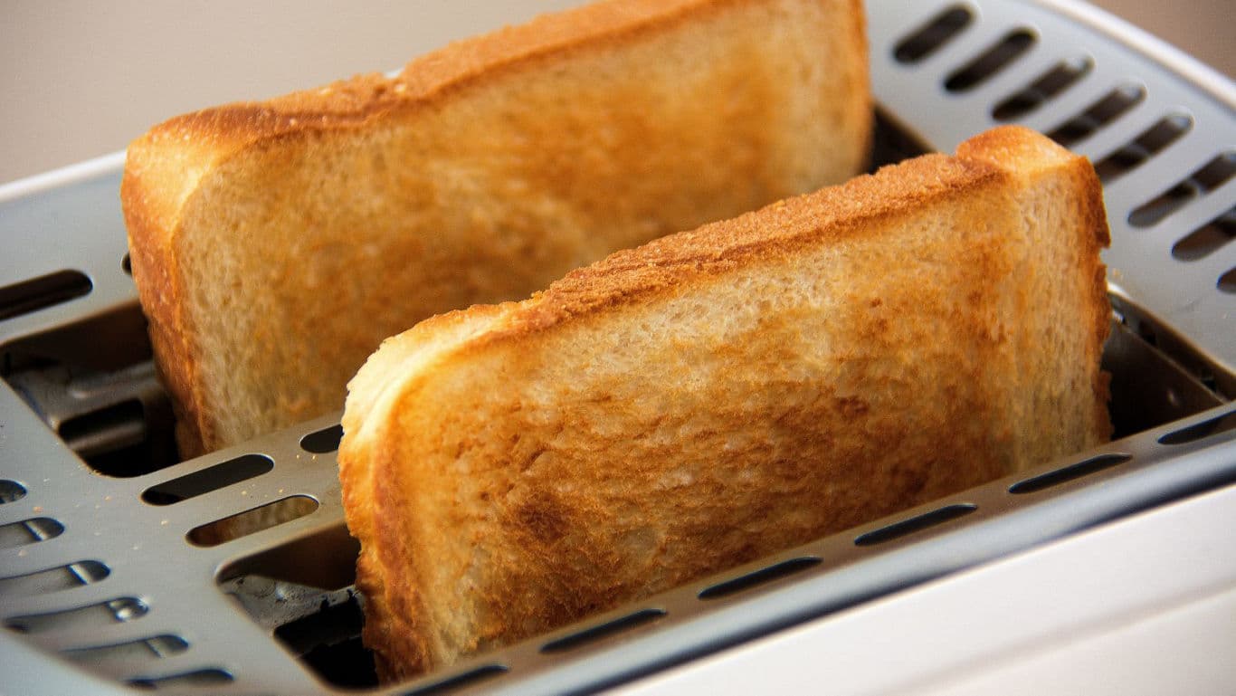 Golden brown toast in a toaster