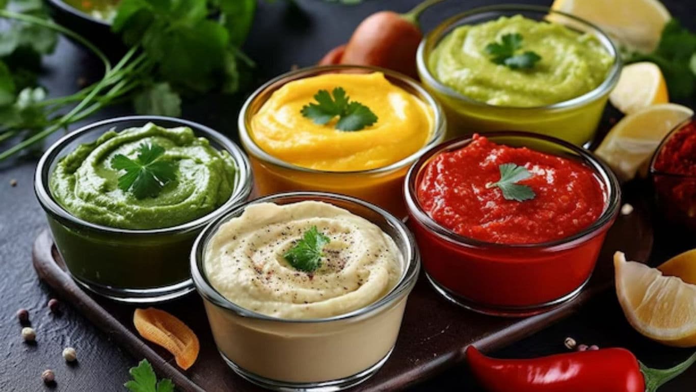 Colorful assortment of dips in glass bowls