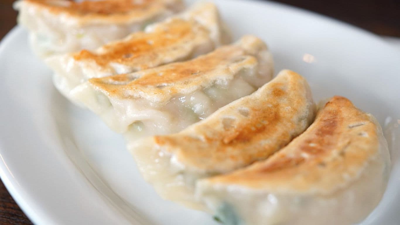 Pan-fried dumplings arranged on white plate