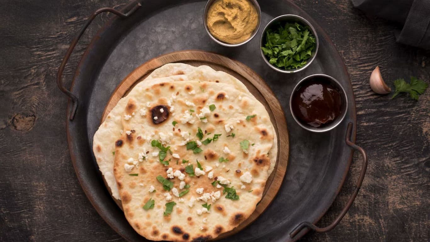 Flatbread with garnishes and sauces