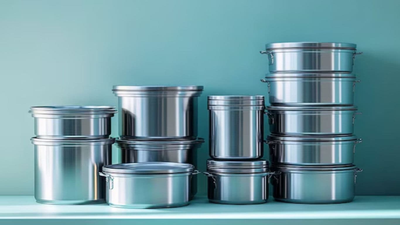 Stacked stainless steel food storage containers on shelf