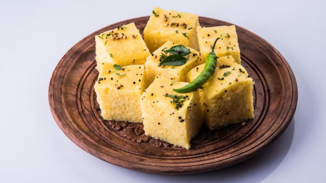 Traditional Indian Dhokla on Wooden Plate