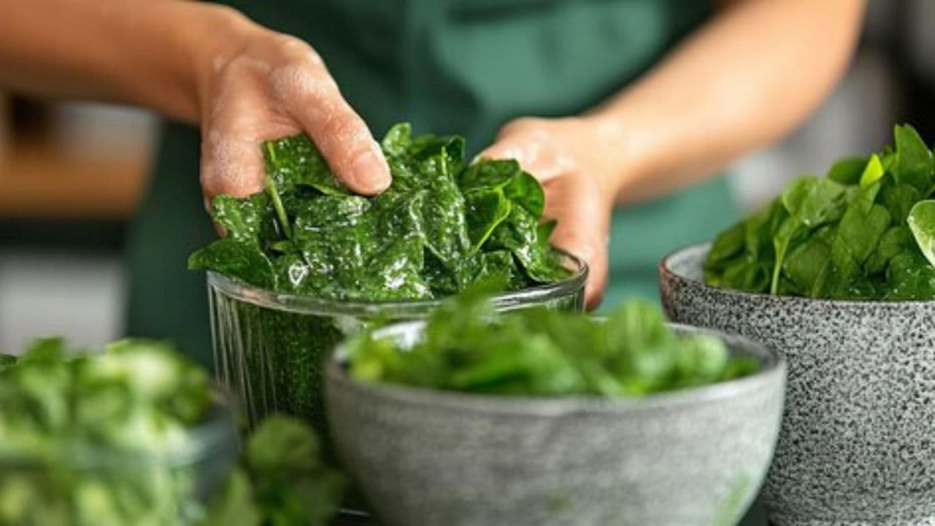 Fresh Spinach in Glass and Stone Bowls