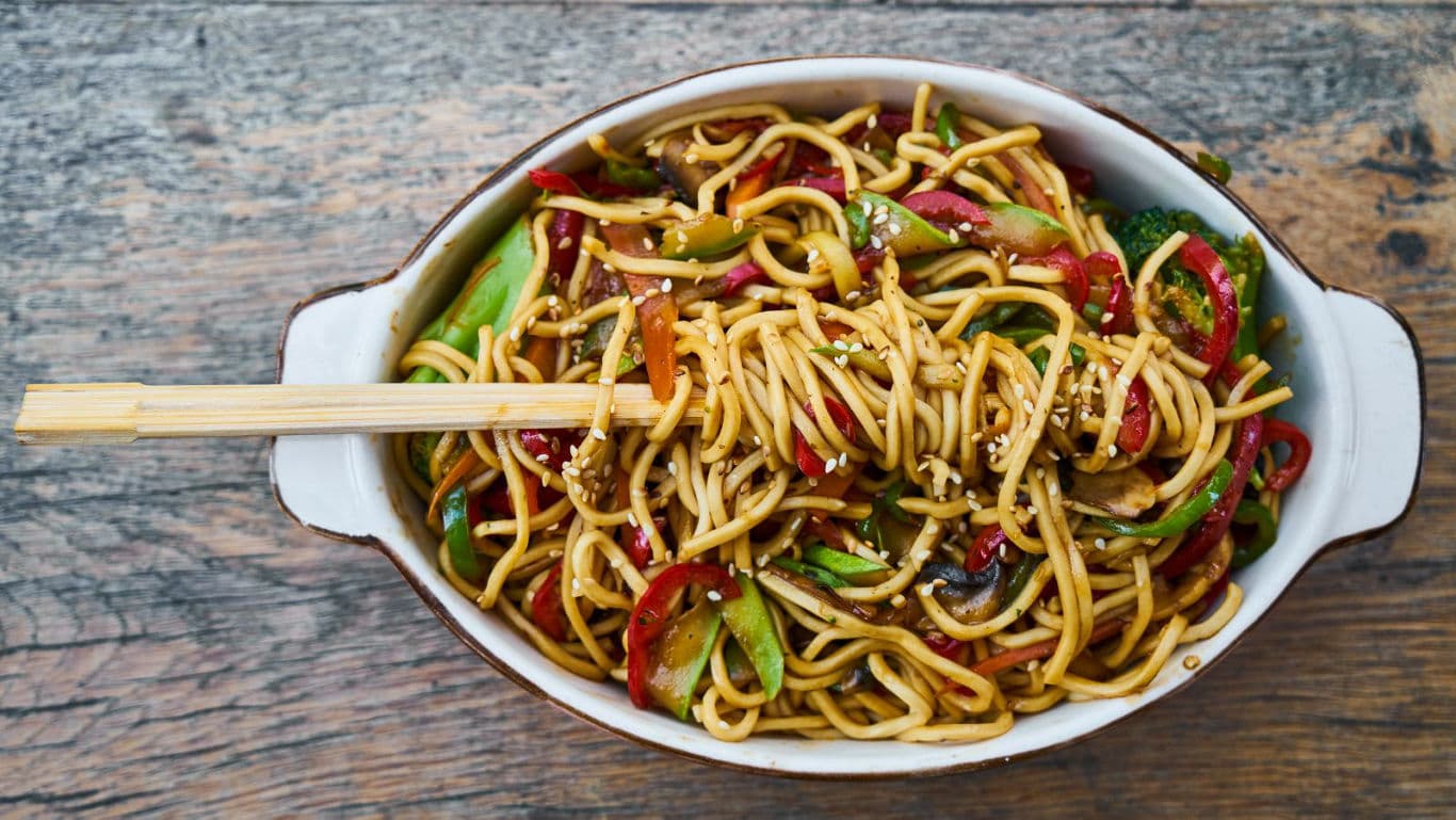 Stir-Fried Noodles with Vegetables in Bowl
