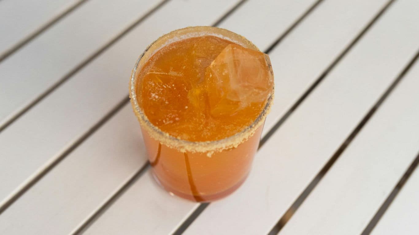 Refreshing iced drink with citrus garnish