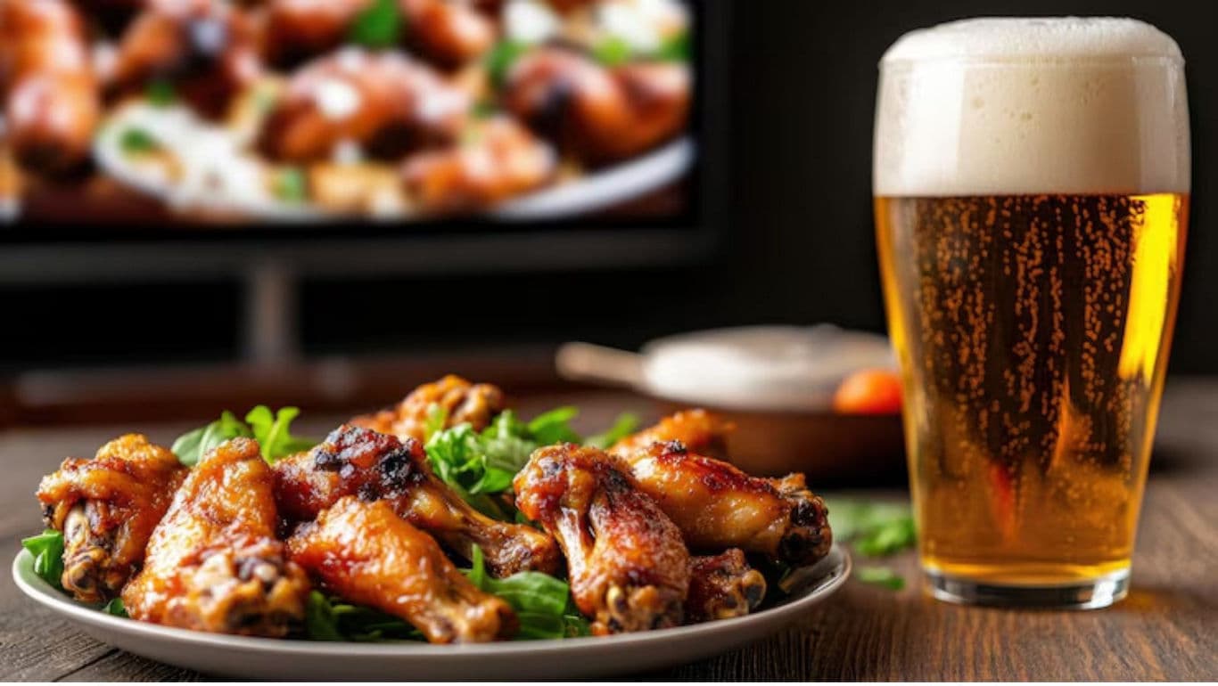 Plate of chicken wings with glass of beer