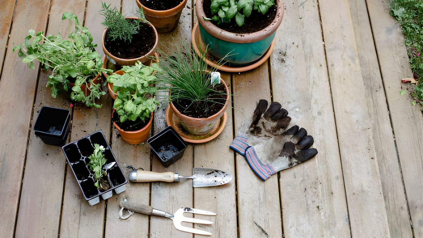 Gardening tools and potted herbs on deck