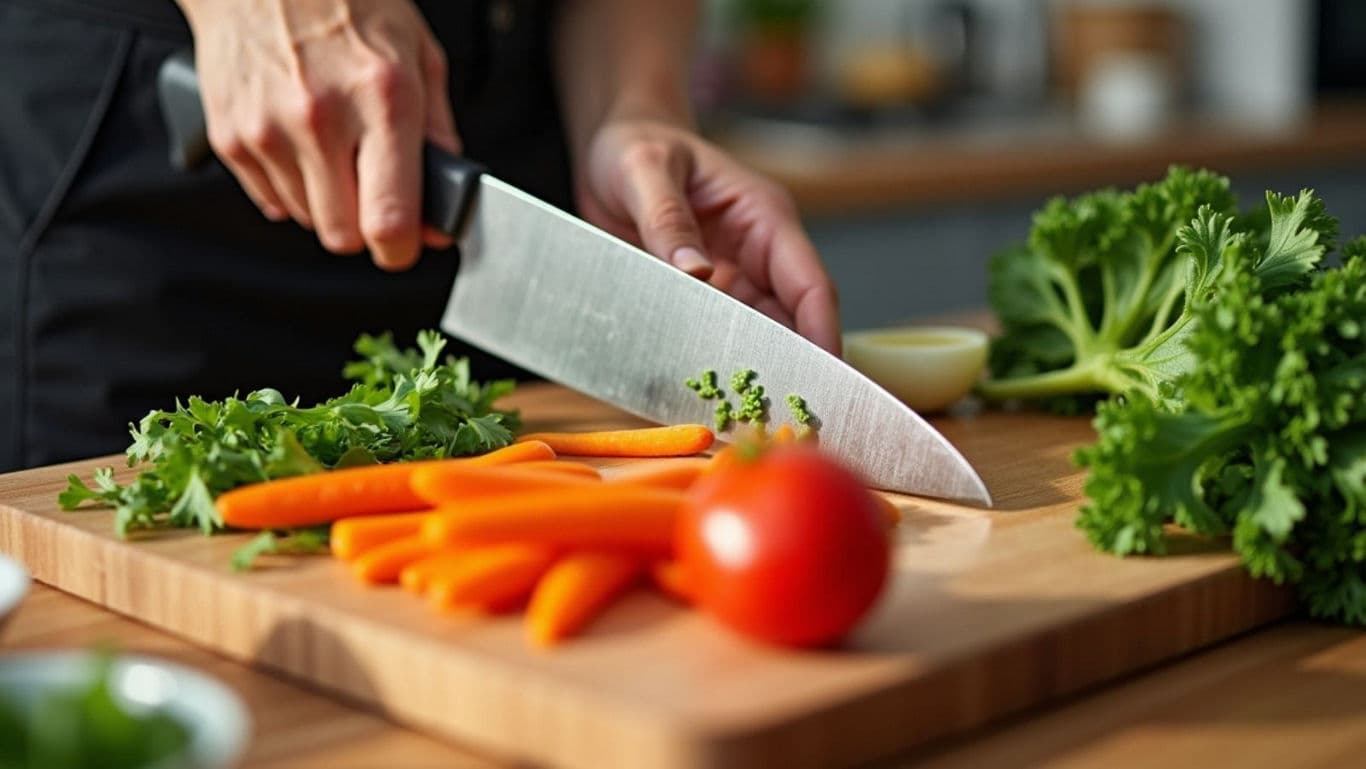 Chef slicing vegetables on wooden cutting board