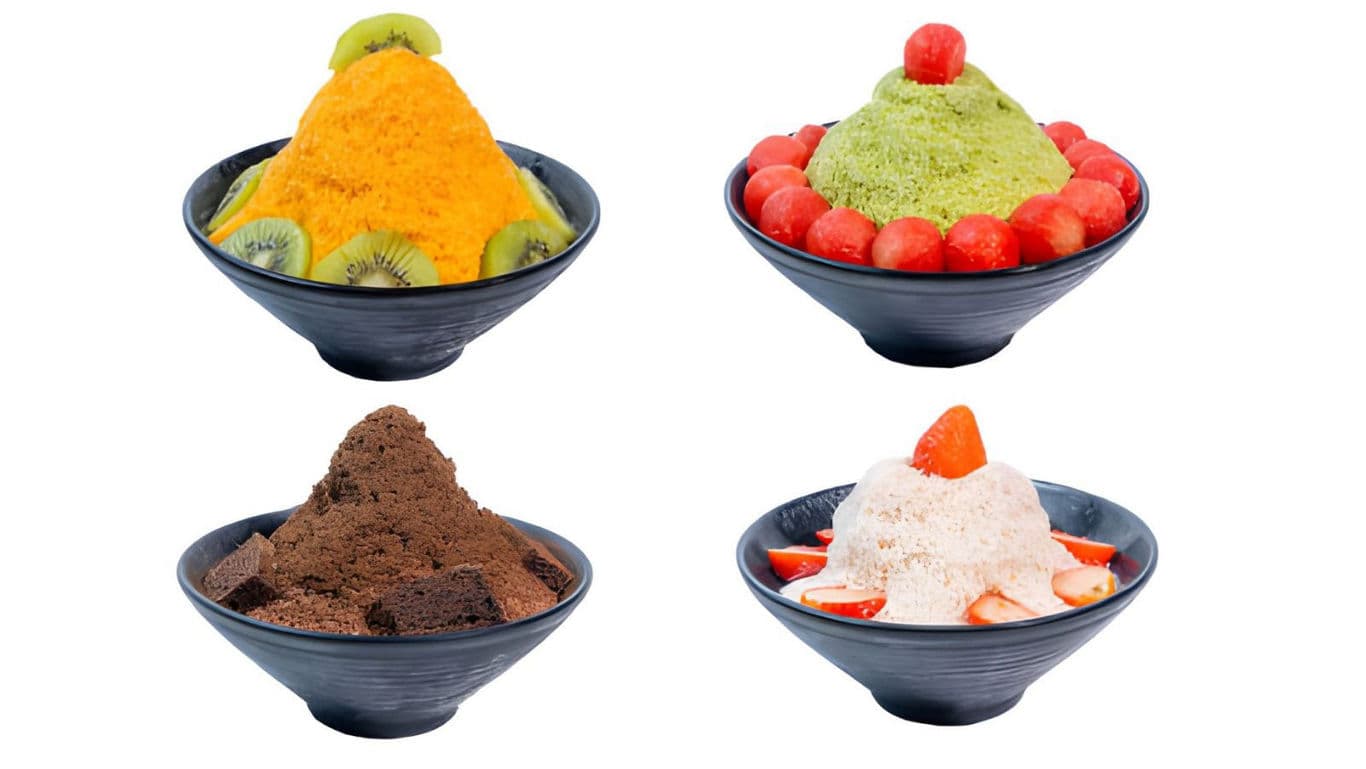 Colorful shaved ice desserts in bowls
