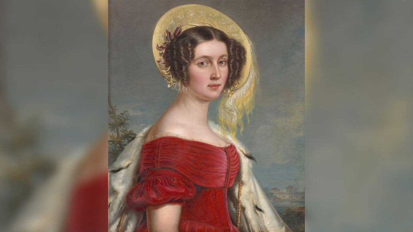 Elegant woman in red dress with halo