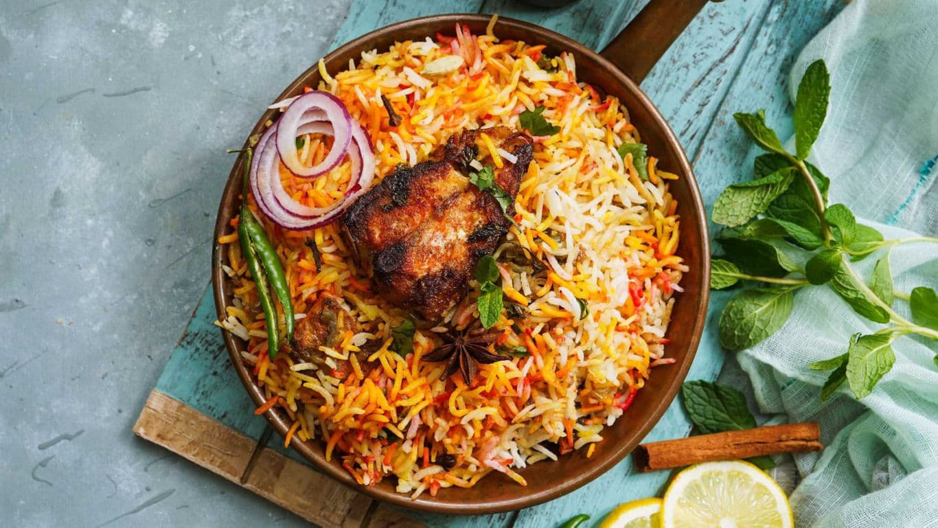 Delicious biryani with grilled chicken