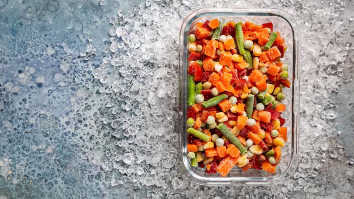 Frozen mixed vegetables in clear container