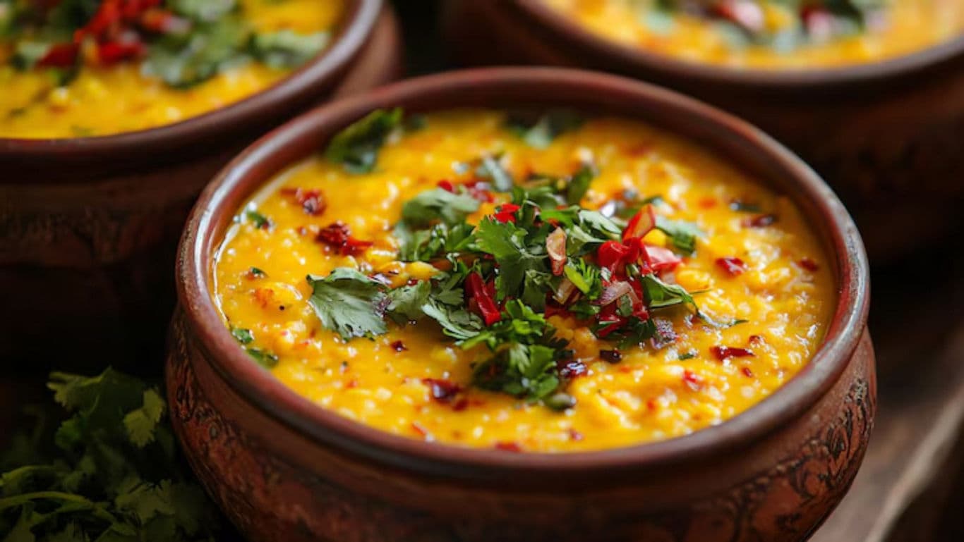Traditional lentil curry in rustic bowls